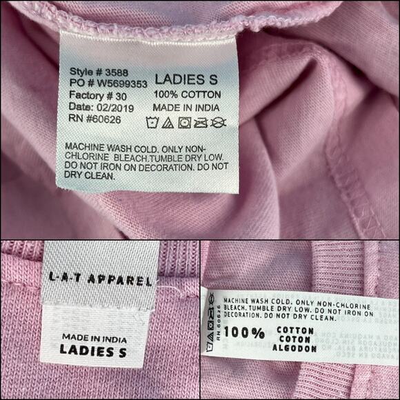 LAT Long Sleeve Crew Neck Tee Shirt Top Ladies Small Pink 100% Cotton - Picture 3 of 6